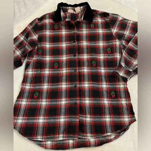 Plaid Embroidered Button Down Velvet Collar Granny Shirt Christmas Wreaths VTG - Picture 2 of 14